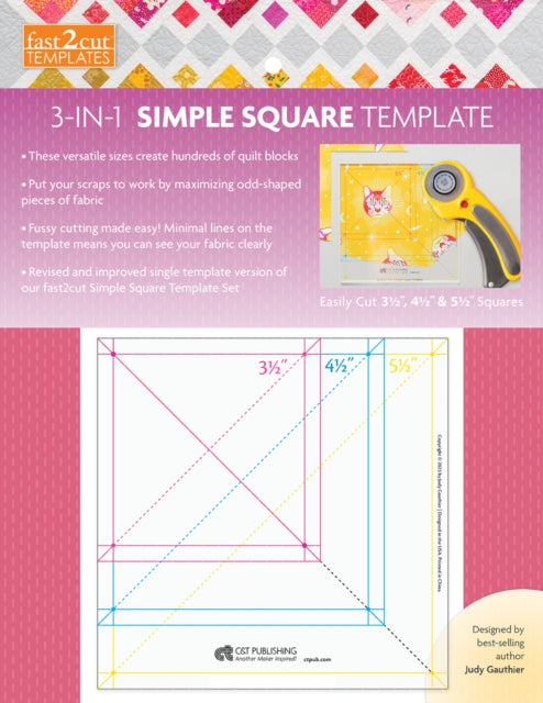 fast2cut 3-in-1 Simple Square Template : Easily Cut 3 1/2 ", 4 1/2 " & 5 1/2 " Squares
